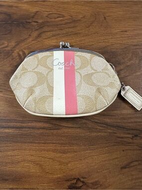 Vtg Coach Signature Canvas Kisslock Coin Purse Pink Stripe Monogram Style Mini